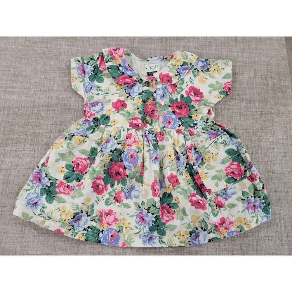 Vintage Limited Jeans Girls Floral‎ Rose Print Dress Peter Pan Collar 90s Cotton